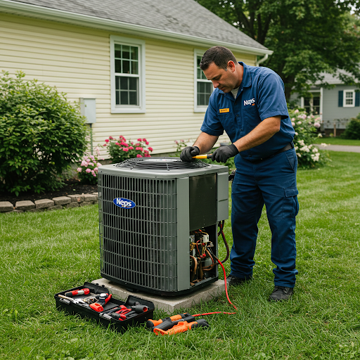 Technician repairing air conditioning unit.